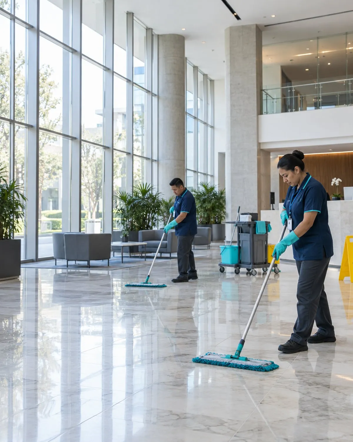 Dos trabajadores con uniforme azul marino trapeando el piso de mármol de un lobby corporativo con luz natural