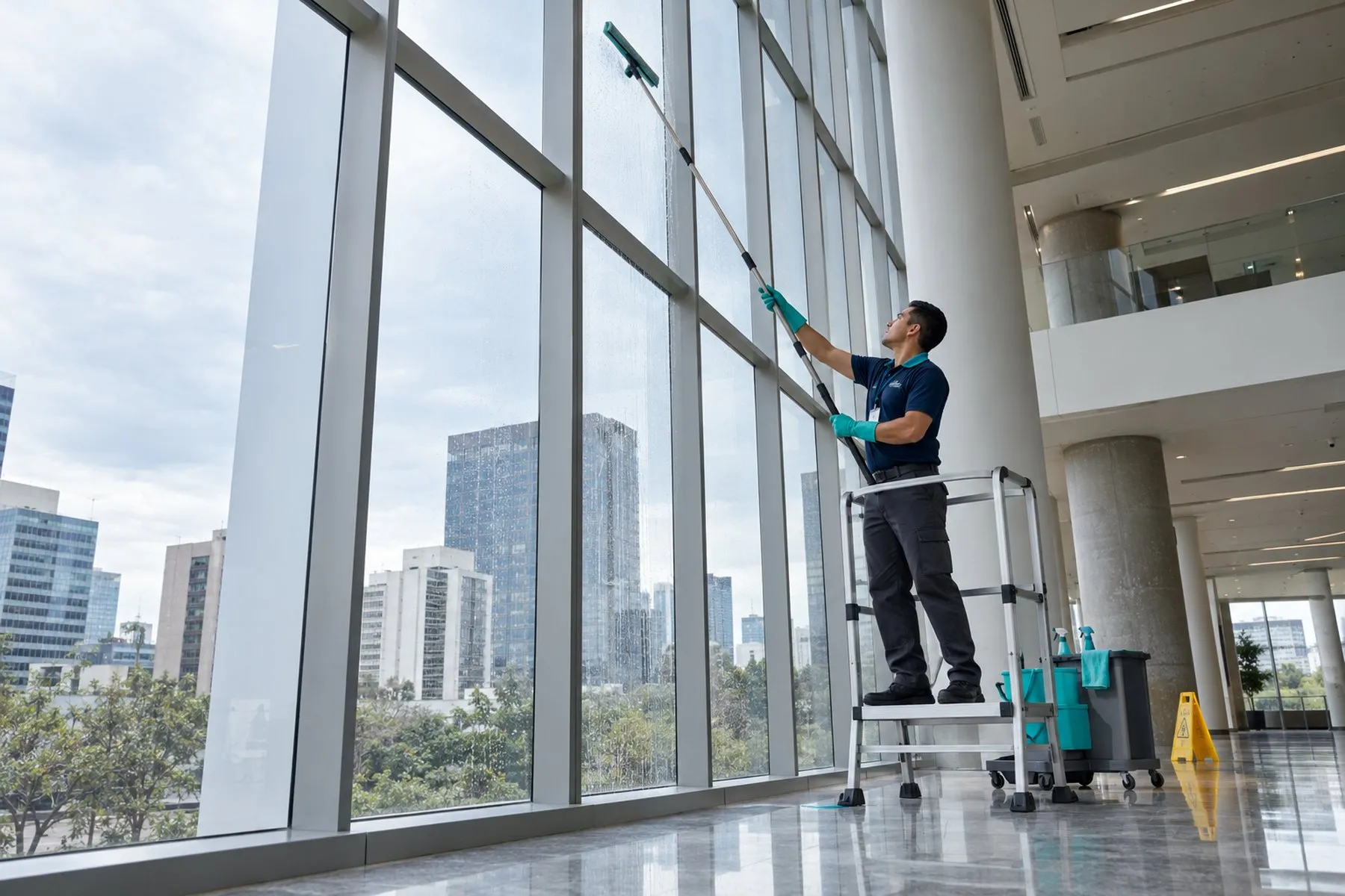 Trabajador subido a una escalera de plataforma limpiando ventanales de doble altura en el lobby de un corporativo
