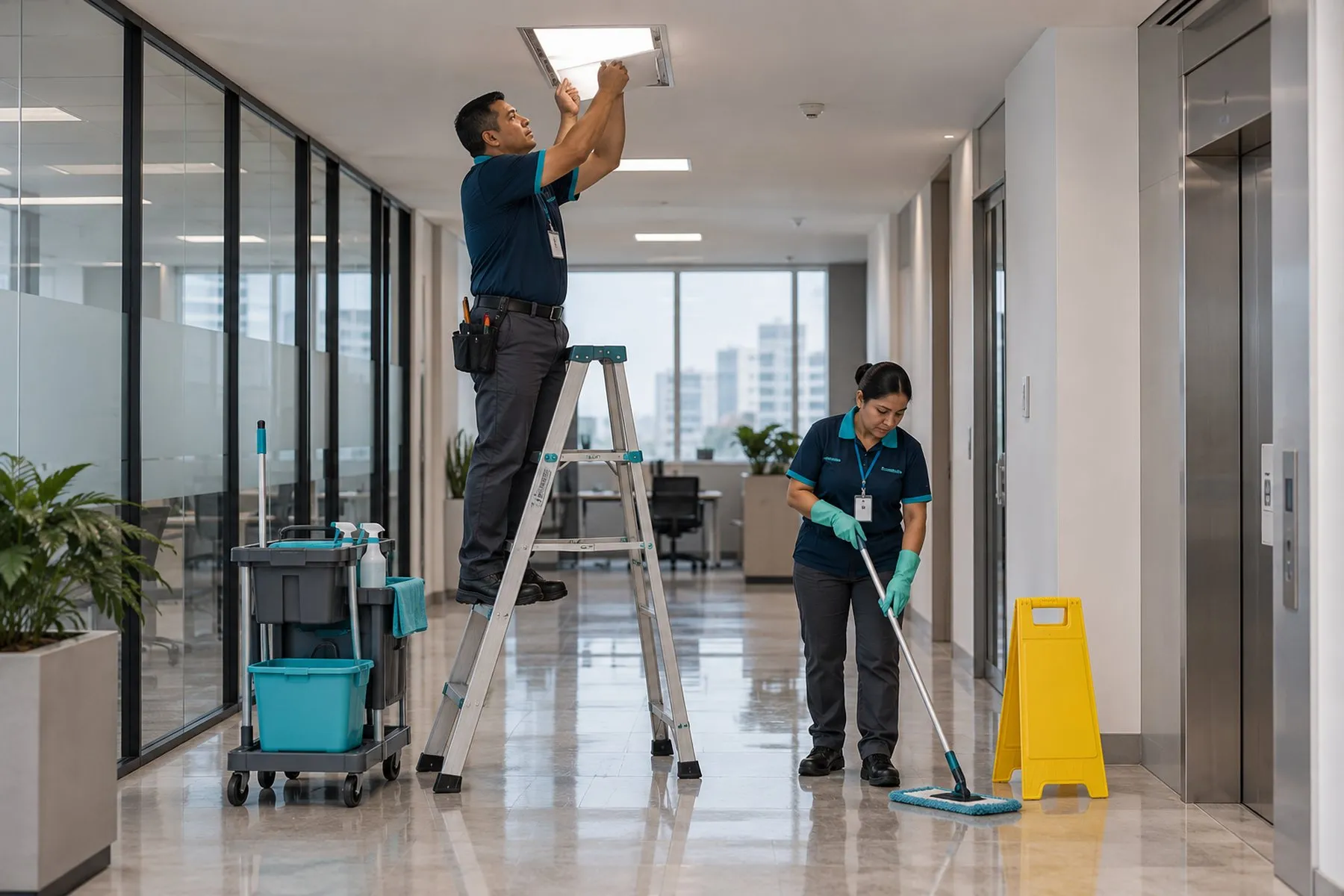 Técnico en una escalera cambiando una luminaria del plafón mientras una compañera trapea el pasillo frente a los elevadores