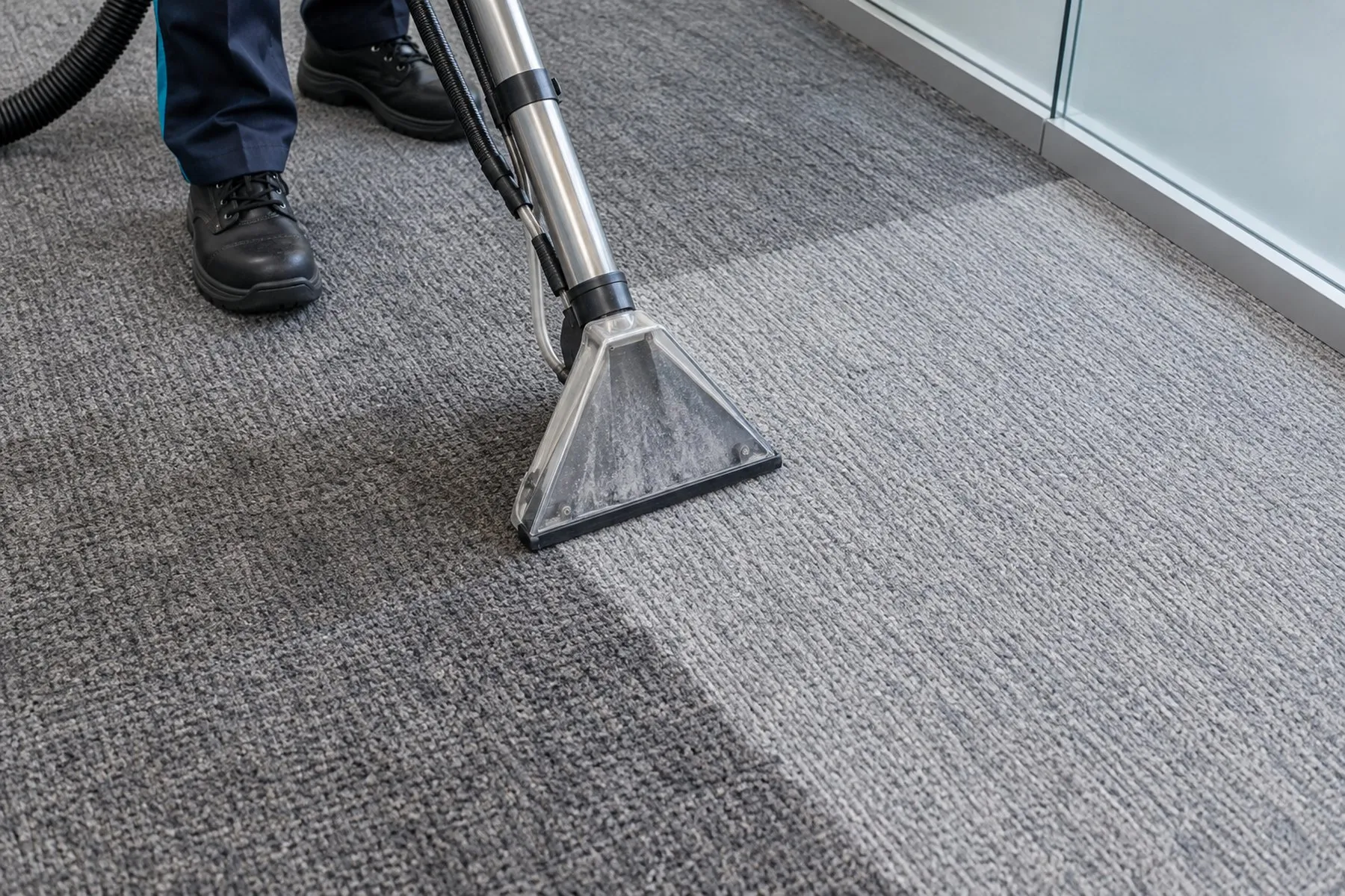 Máquina de extracción lavando una alfombra gris de oficina con una franja limpia visible
