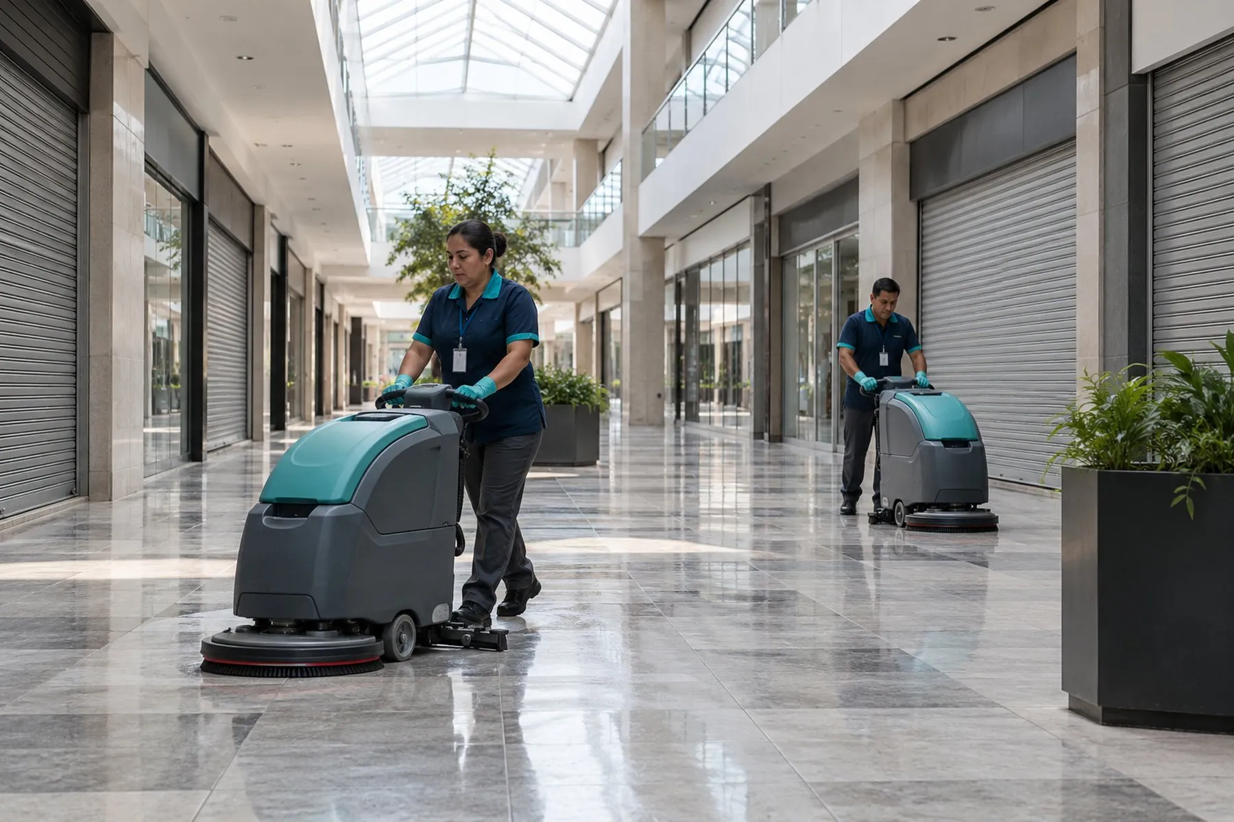 Dos trabajadores operando lavadoras de piso en el pasillo de una plaza comercial con locales cerrados y tragaluz