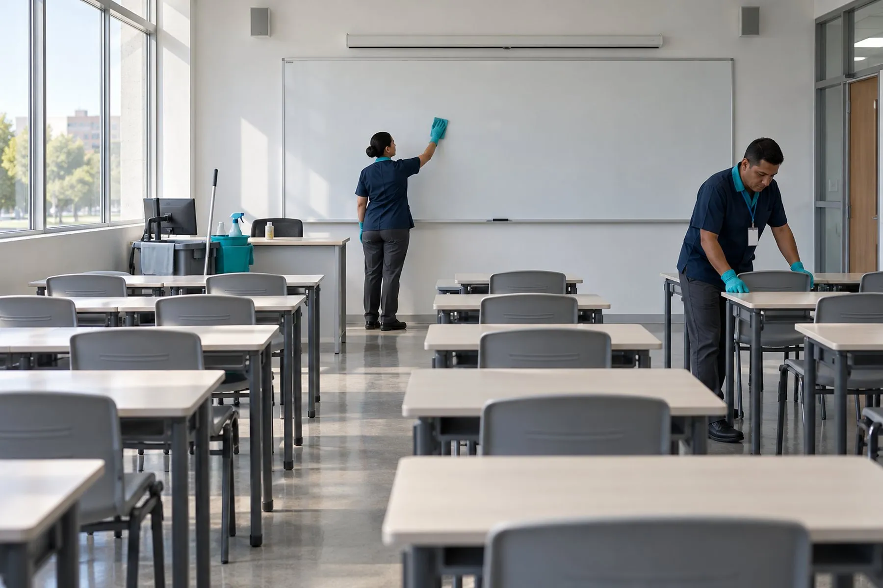 Dos trabajadores limpiando el pizarrón y las mesas de un salón de clases vacío