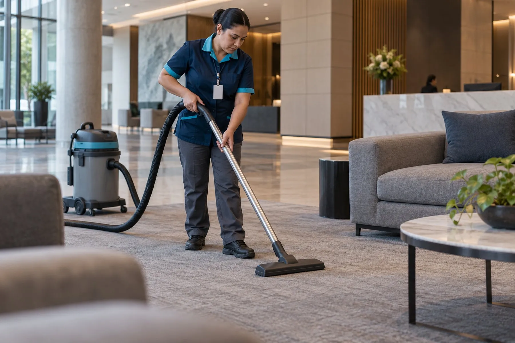 Trabajadora aspirando la alfombra del lobby de un hotel junto a la sala de espera