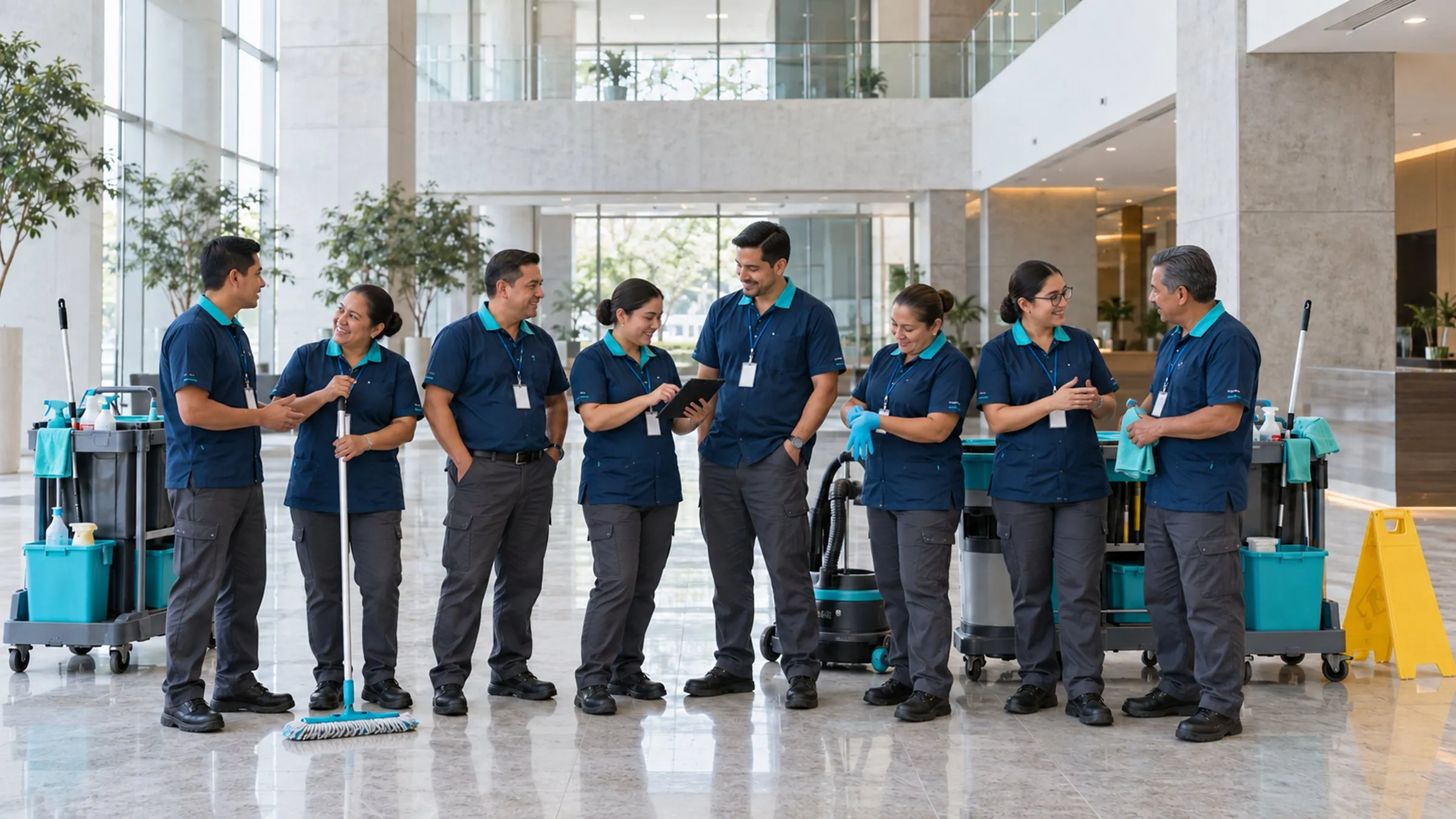 Equipo de nueve personas con uniforme azul marino y sus carritos de limpieza en el lobby de un edificio corporativo