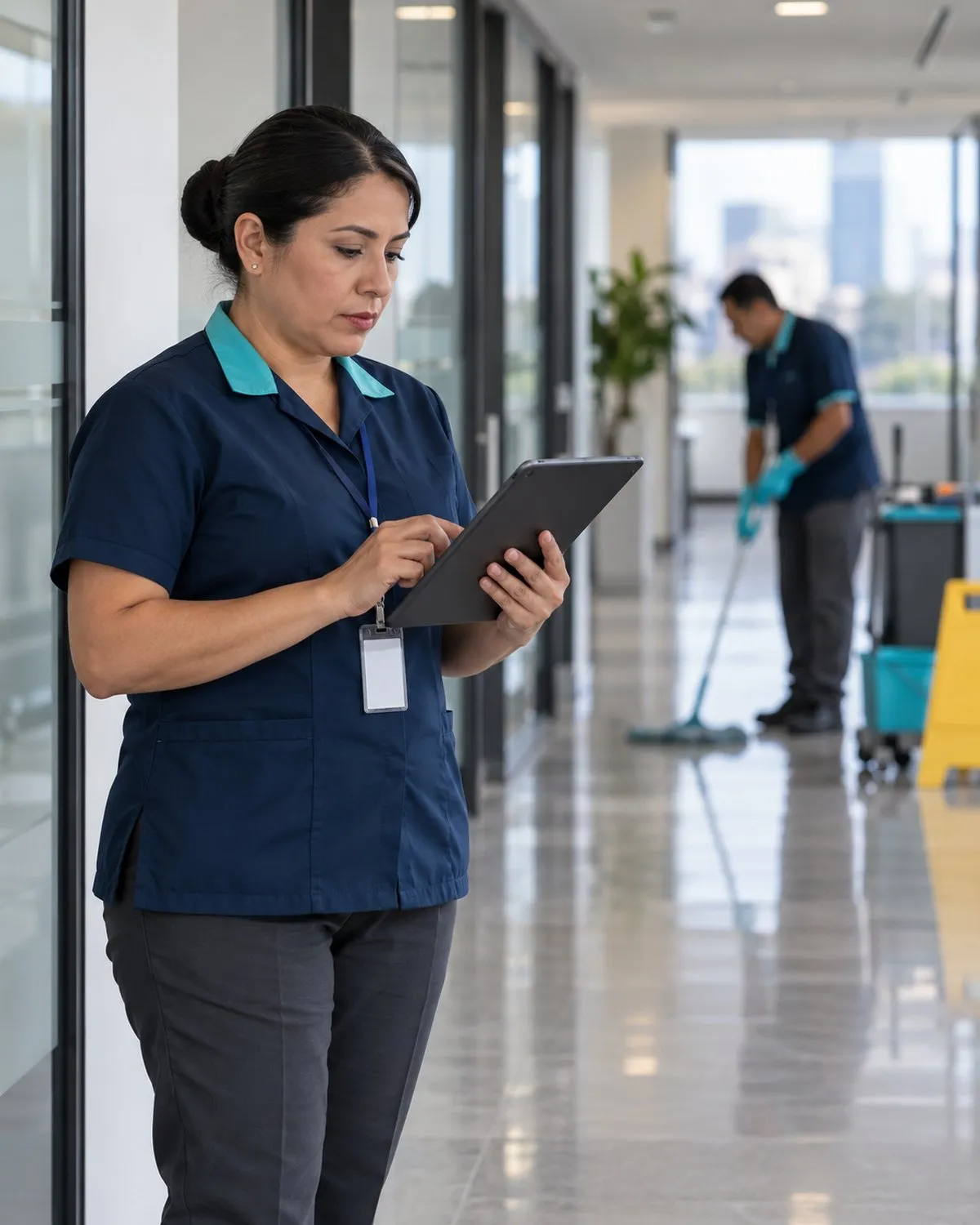 Supervisora con uniforme azul marino revisando la bitácora del servicio en una tableta en un pasillo de oficinas